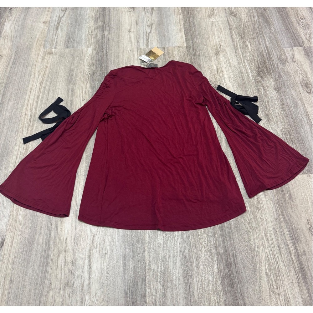 DUAL NATURE Womens Burgundy Long Sleeve‎ Tie Detail Ruched Sleeve Top Size M